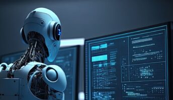 AI robot looking at a computer screen