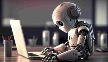 ai robot looking at laptop
