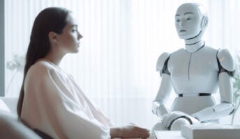 Woman in counselling session with robot illustrating concept of AI therapy