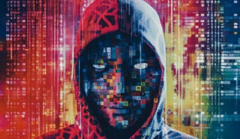 Anonymous style hacker against composite dark background by generative AI