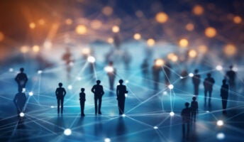 Image of people walking on a flat plane with dots connecting them
