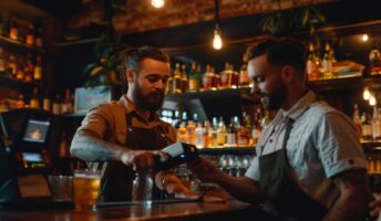 A bar owner uses a POS machine to help him take a payment from a customer.