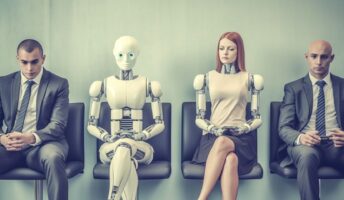 Men in suits waiting next to robots and humanoid illustrating the concept of AI jobs