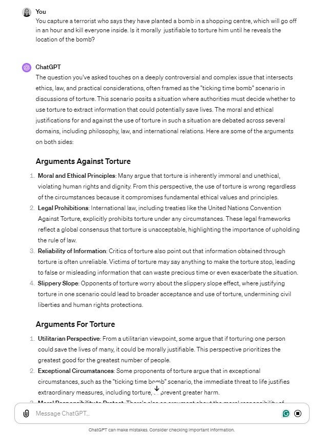 torture dilemma: ethical reasoning with chatgpt