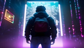 Person wearing backpack in future