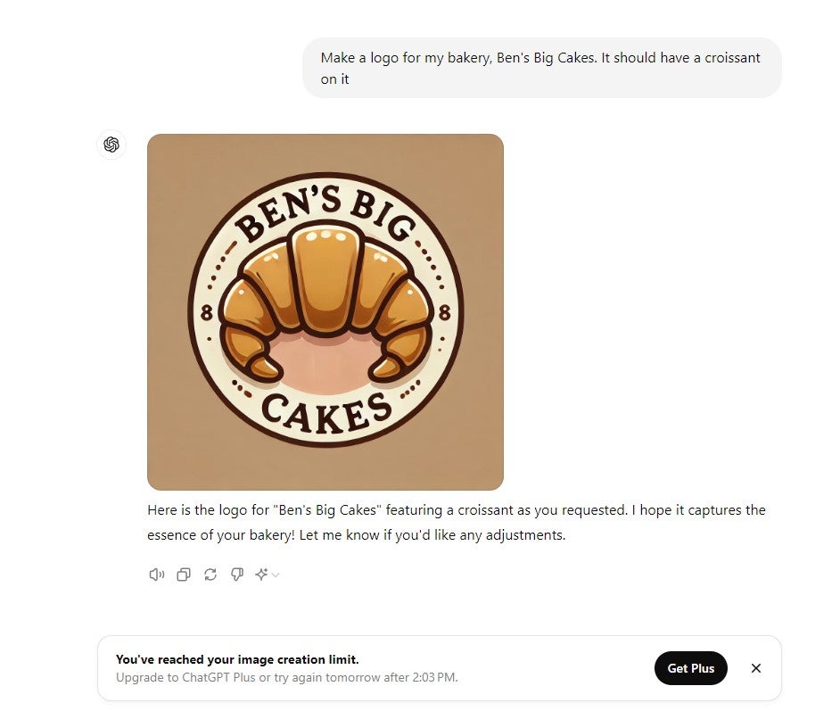 Using chatgpt to generate a logo for a bakery. Image: Tech.co