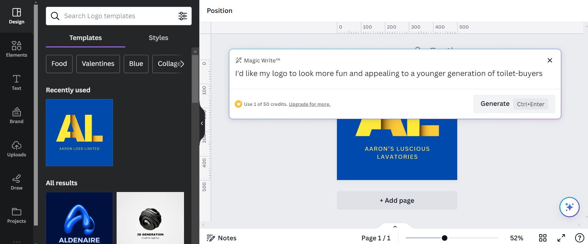 Using canva;s AI assisted logo generator