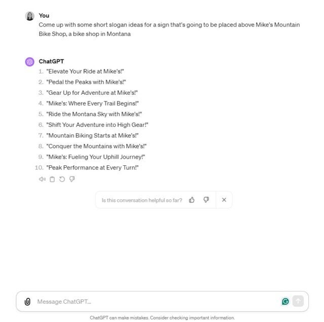 chatgpt brainstorming ideas for a mountain bike shop