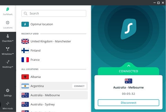 Surfshark's interface connected to Australian server. Image: Surfshark