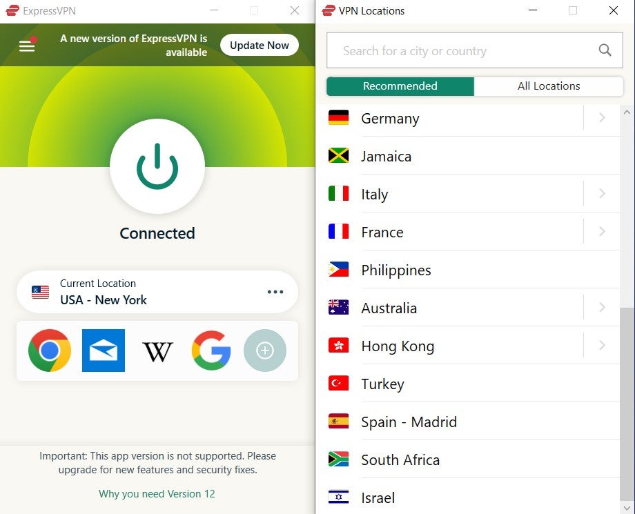 ExpressVPN's simple, intuitive interface and server selection. Image: Tech.co