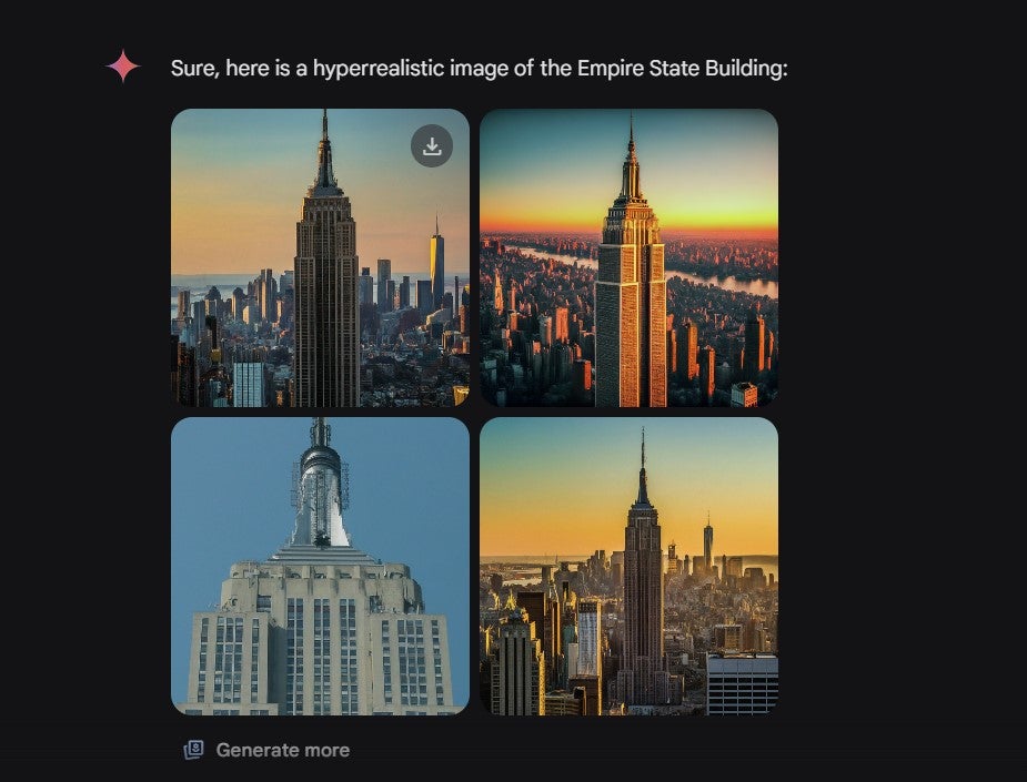 Gemini produces hyperreal image of empire state building