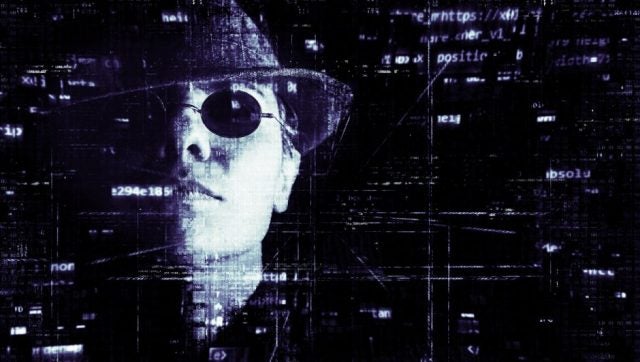 Graphic of a man frowning and smoking , wearing sunglasses and a hat over sketchy lines which suggest nefarious intent
