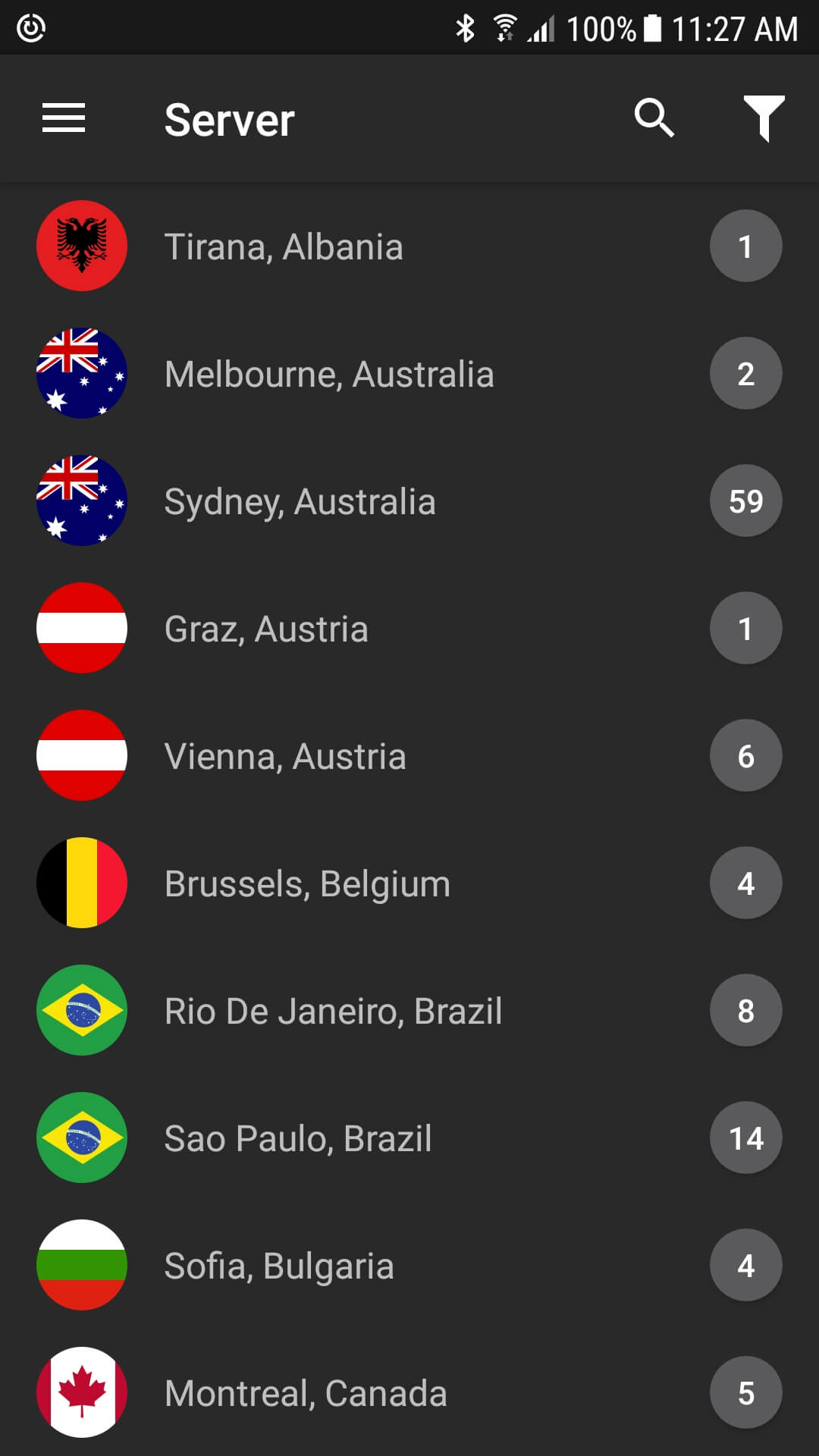 IPVanish Android Screenshot of Server List