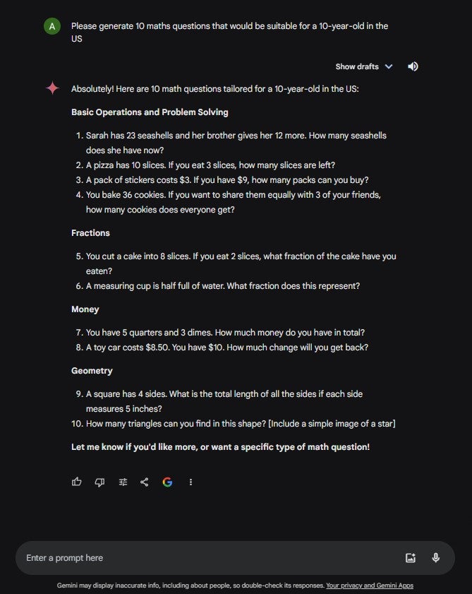 Gemini creates math questions