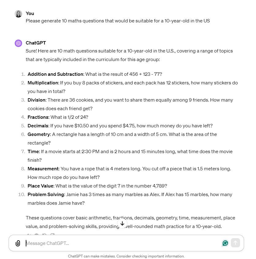 chatgpt generates maths questions