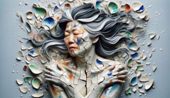 OpenAI DALL-E 3 generated image of a woman intricately embedded within a sea of broken porcelain