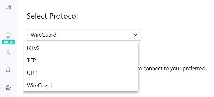 Selecting a VPN protocol, in PureVPN. Image: Tech.co