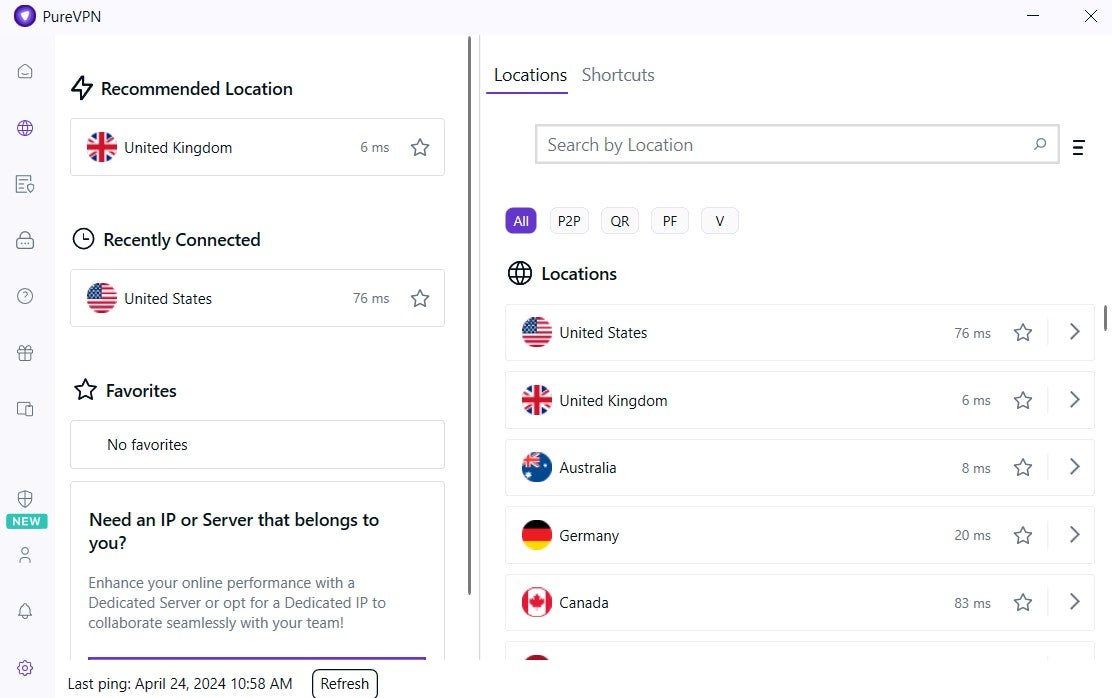 Selecting a server with PureVPN. Image: Tech.co