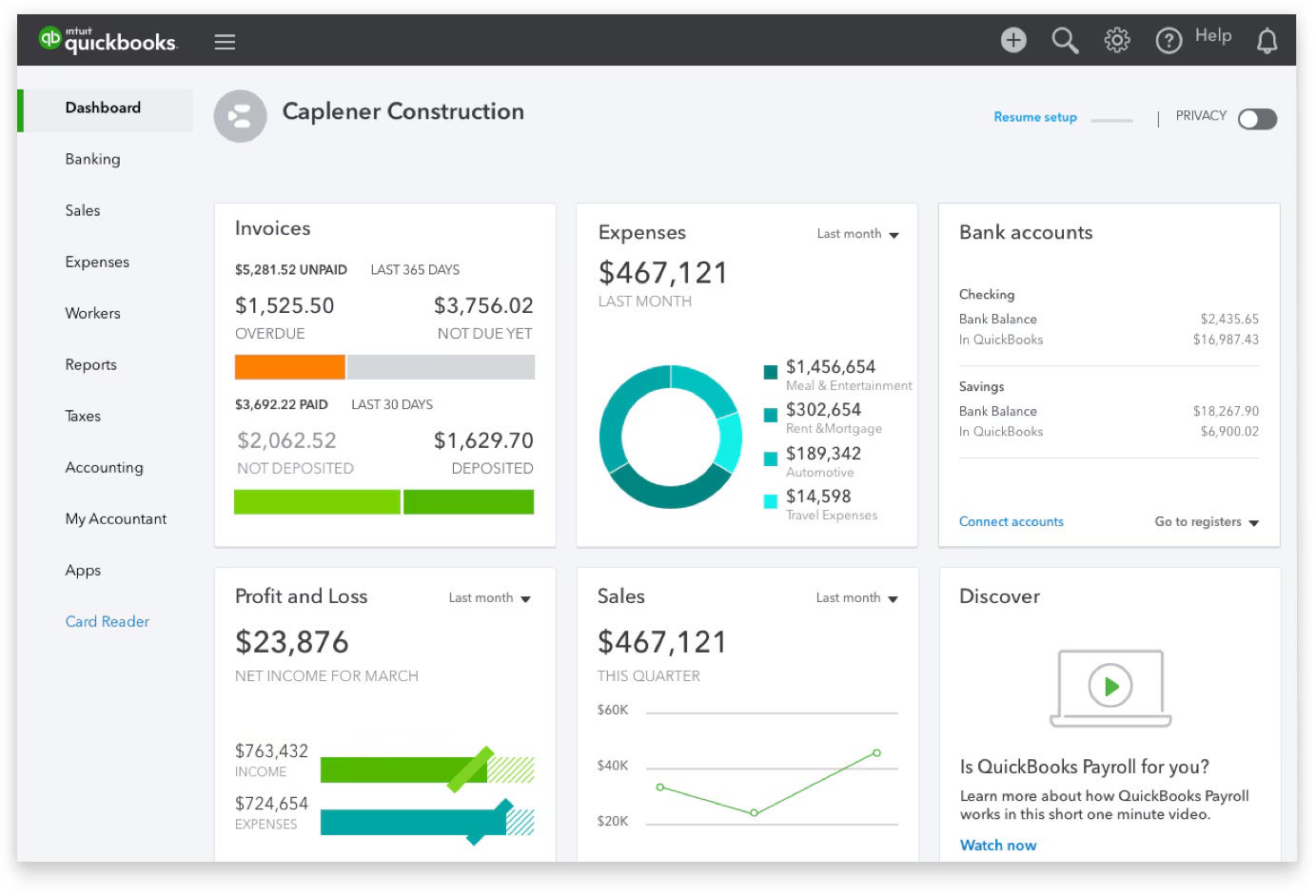 QuickBooks Home Dashboard
