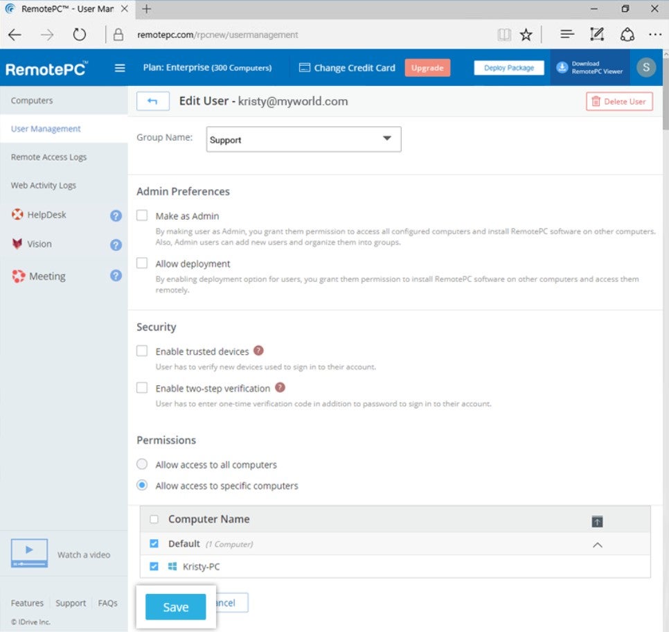 RemotePC: edit user