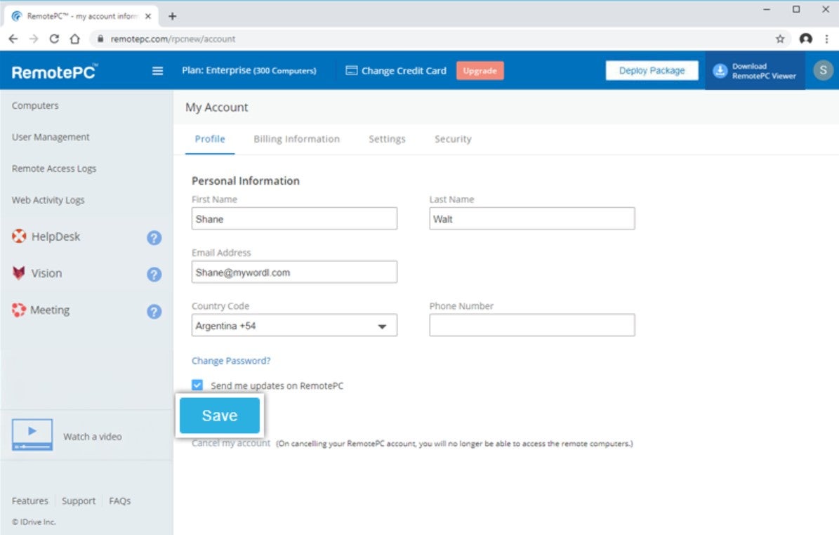 RemotePC: my account