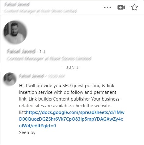 Example of a LinkedIn fake recruiter scam
