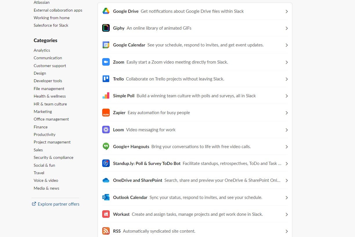 Slack's "essential apps" list. Image: Tech.co