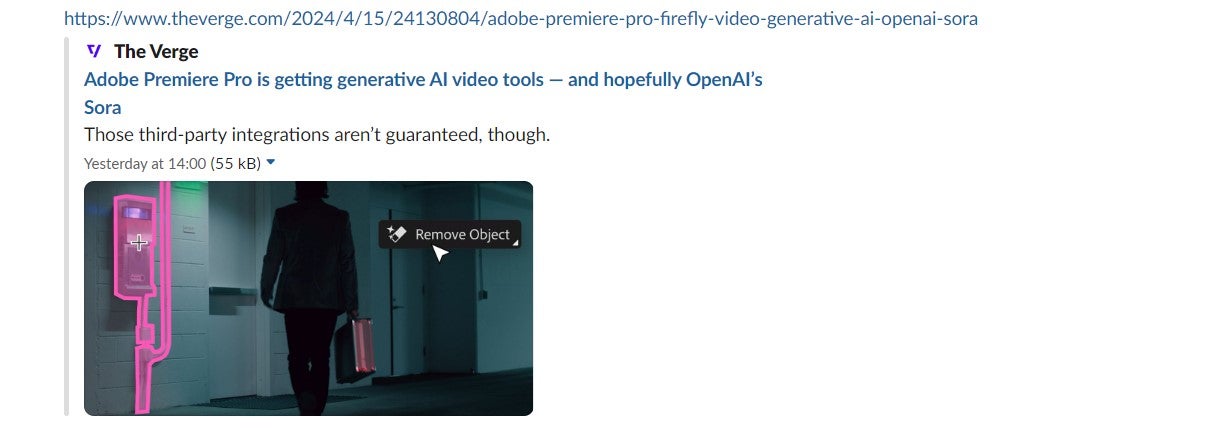 A news piece pasted into a channel in Slack. Image: Tech.co