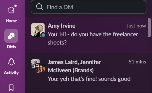 The direct message stream in Slack. Image: Tech.co