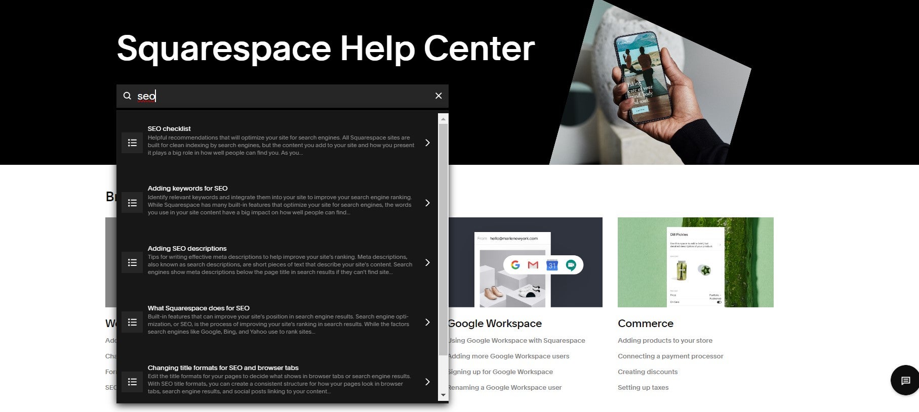 Squarespace's help center suggesting SEO guides.