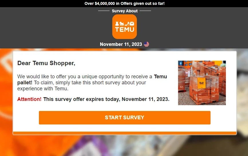 A phishing email impersonating Temu