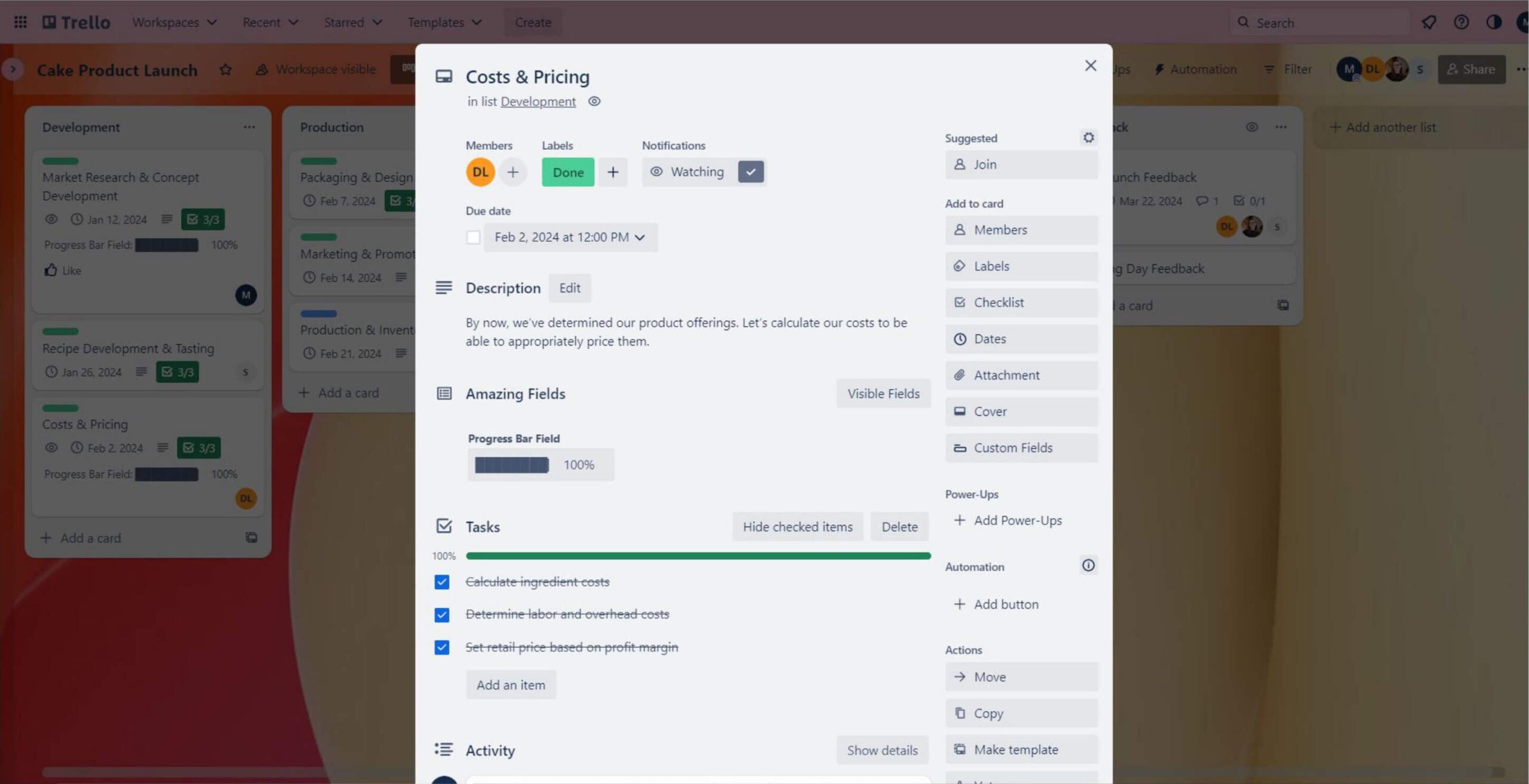 A Trello project management card for handling project costs.
