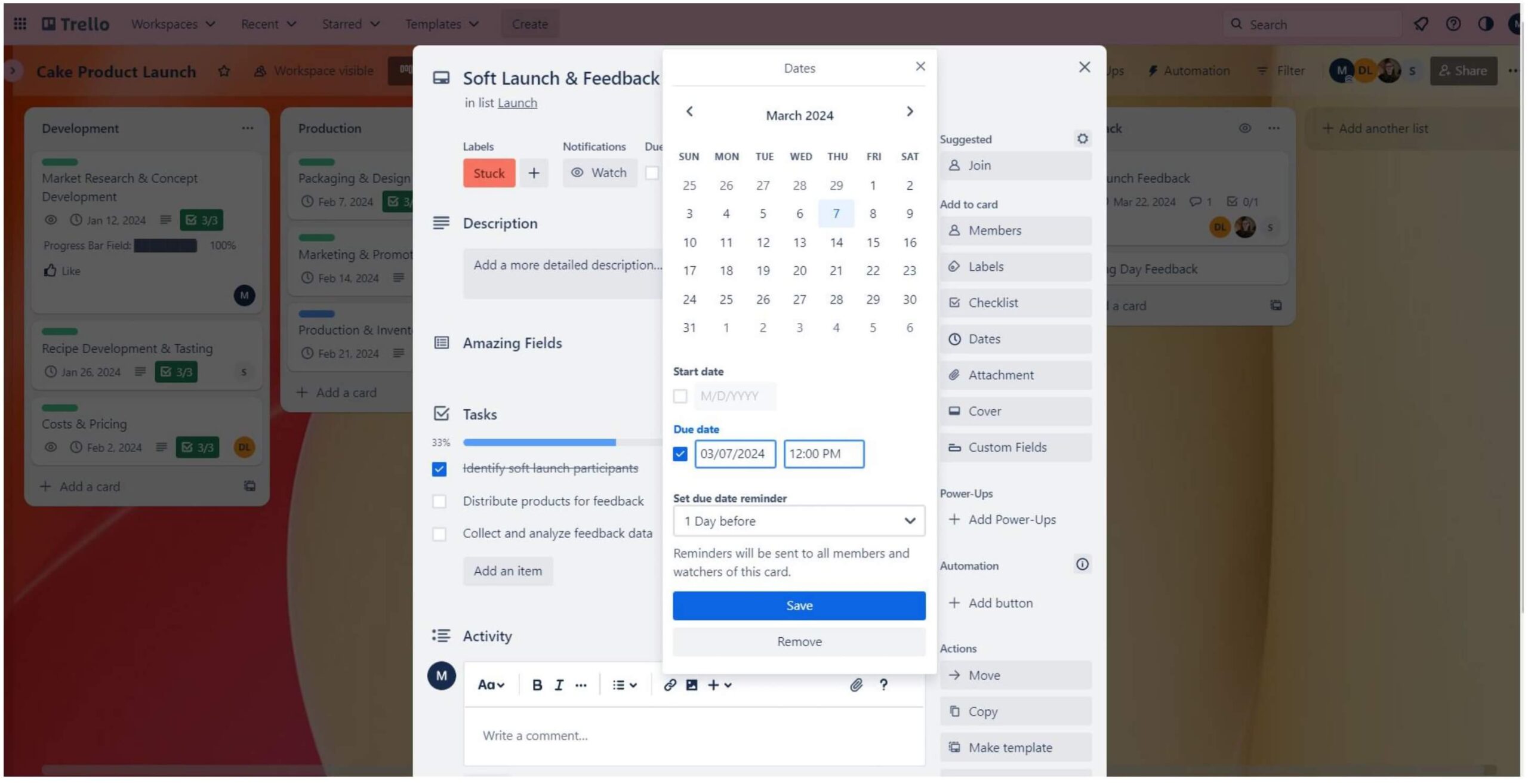 Creating due dates within Trello project management.