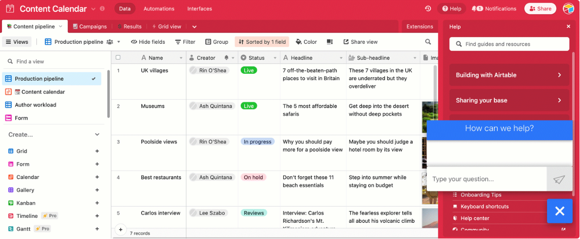Airtable vs Smartsheet: Airtable Live chat