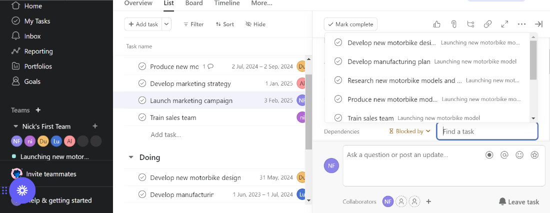 Asana interface: finding a task