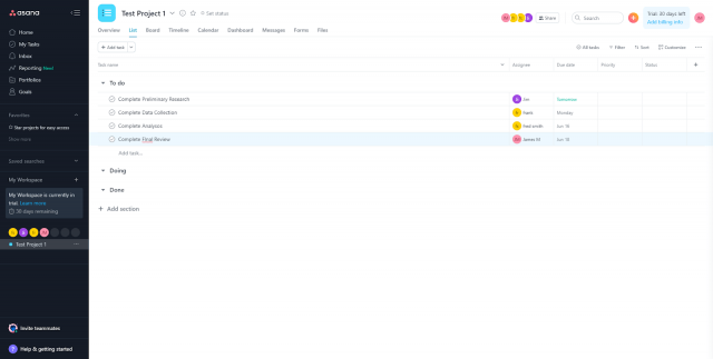 Tasks on Asana interface