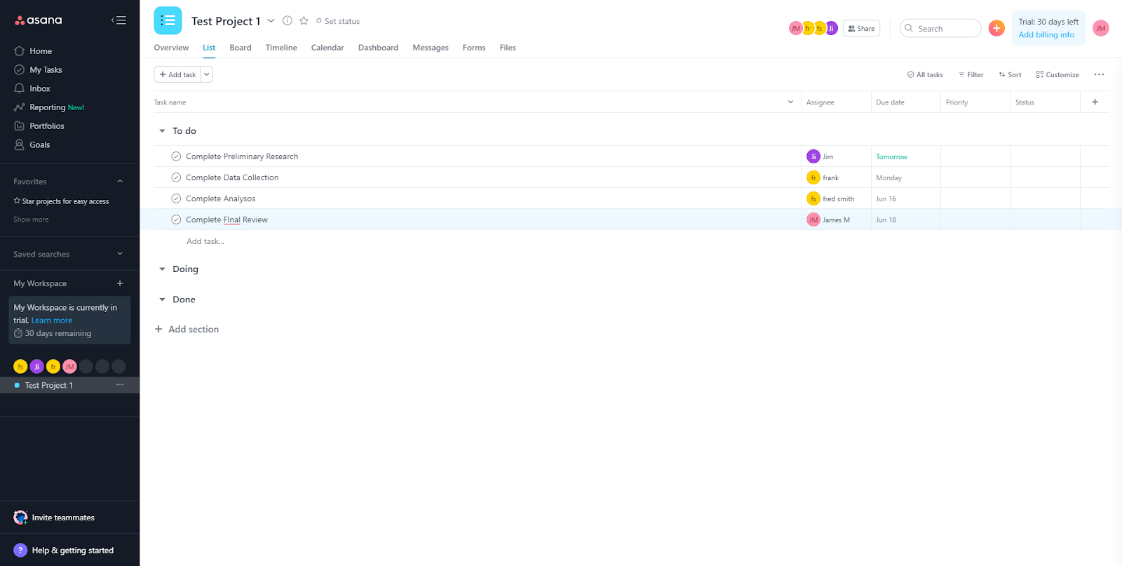 Tasks on Asana interface