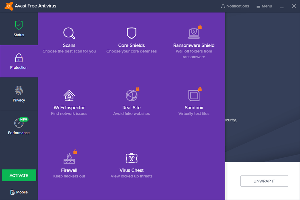 avast free protection menu