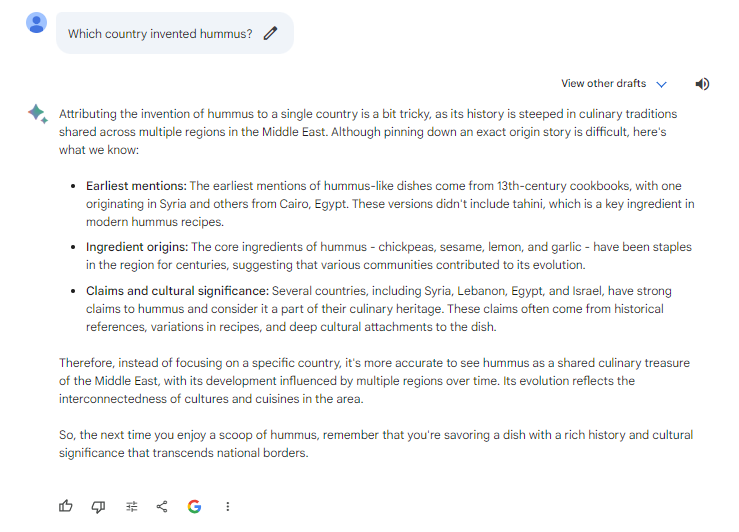 Bard test: where was hummus invented?
