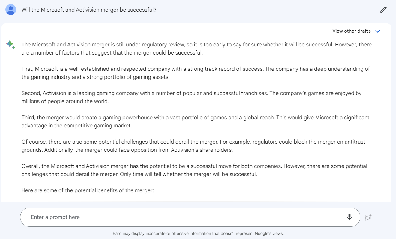 Bard PaLM 2 test: will microsoft and activision merger be a success?