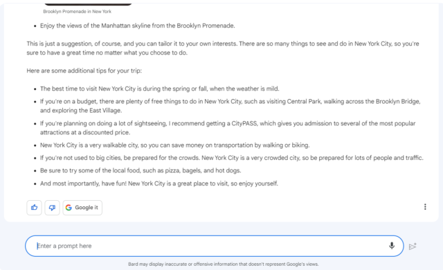 Bard PaLM 2 test: What should I do on my 4 day trip to New York?
