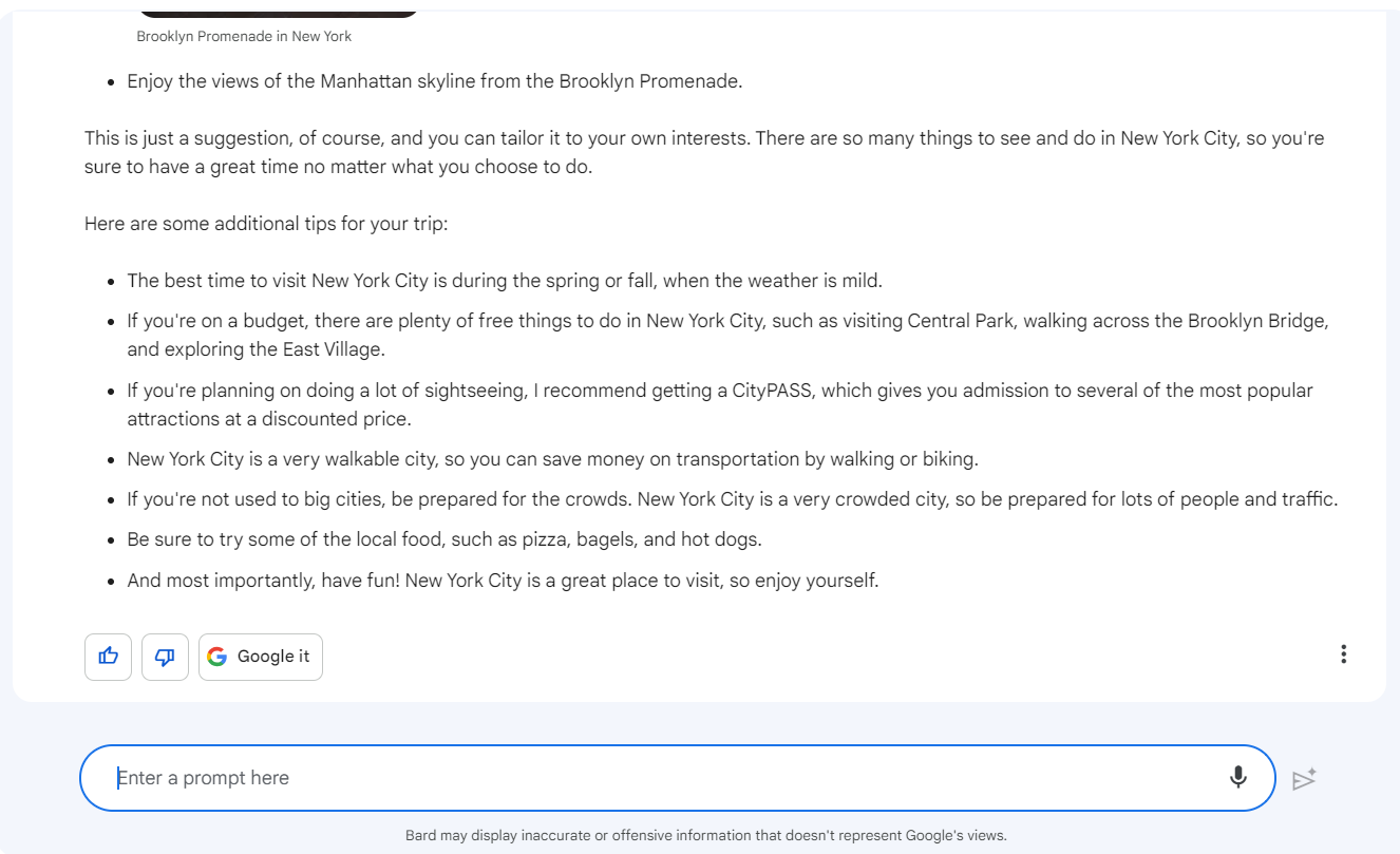 Bard PaLM 2 test: What should I do on my 4 day trip to New York?