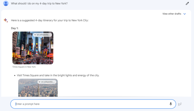 Bard PaLM 2 test: What's should I do on my four day trip to new york?