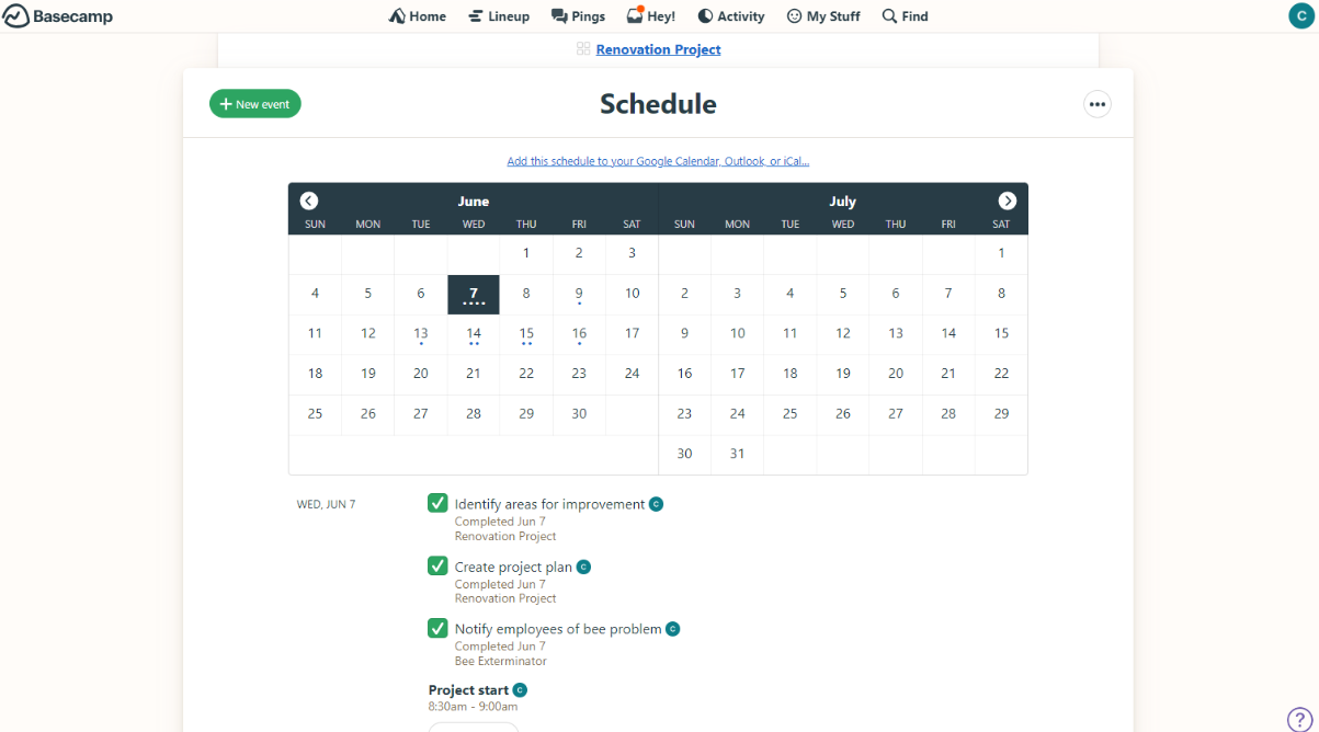 Basecamp's Schedule area