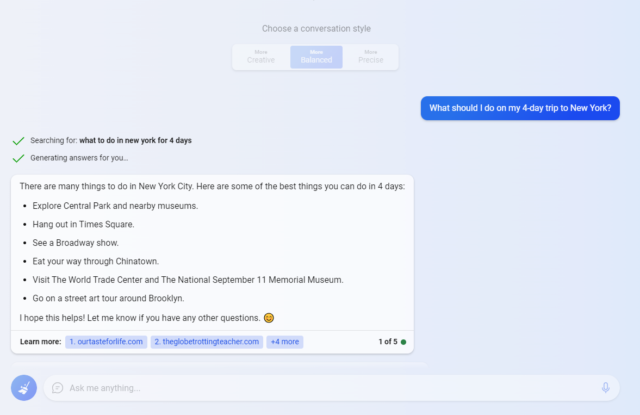 Bing chat test: what should I do on my 4 day trip to new york