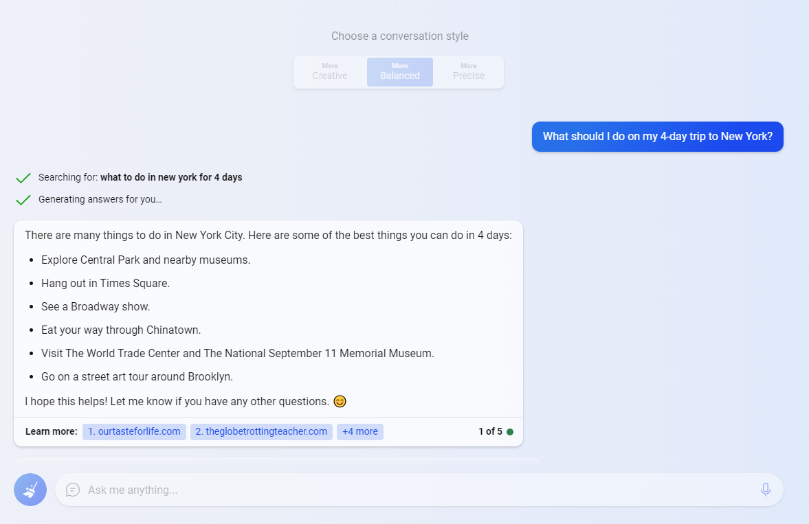 Bing chat test: what should I do on my 4 day trip to new york