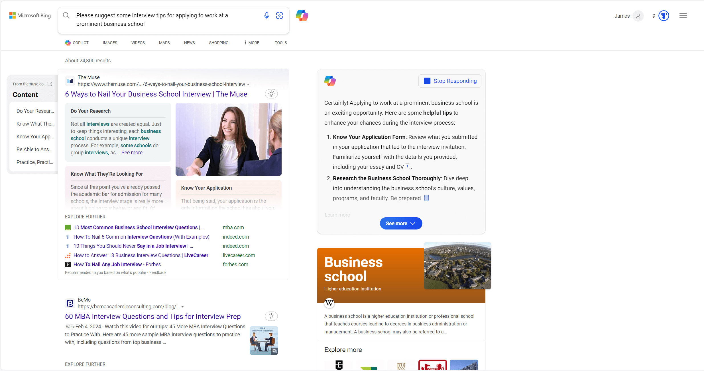 Screenshot of Microsoft Bing search engine featuring integrated Copilot GPT-4 AI response