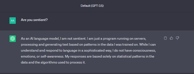 chatgpt test question one: Are you sentient?