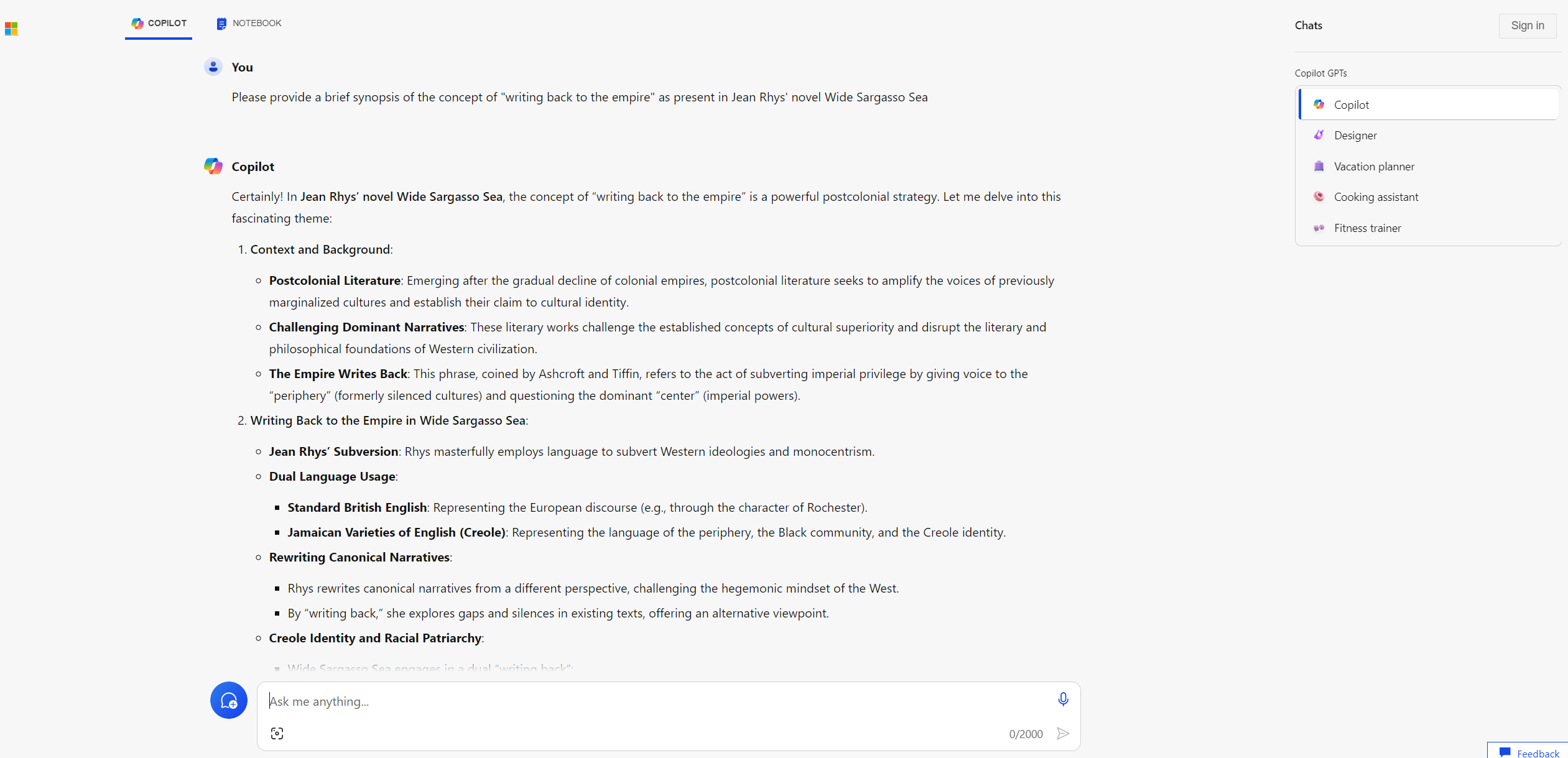 Screenshot of Microsoft Copilot AI responding to question using GPT-4 large language model