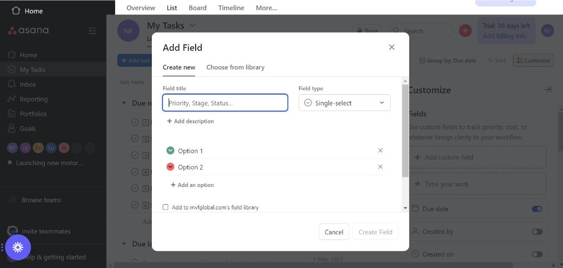 creating a custom field in Asana